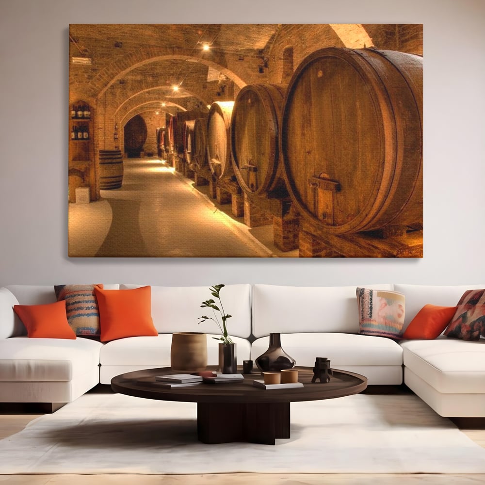 Tablou canvas cu tablou canvas cu butoaie de vin in crama, fara rama, pe sasiu de lemn, pe perete intr-un living